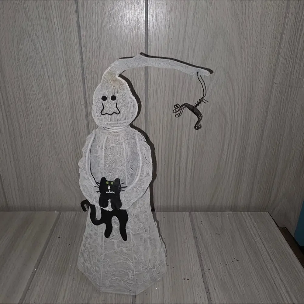 Vtg Ghost Holding Black Cat Light Cover With Hanging Spider Halloween Decor
